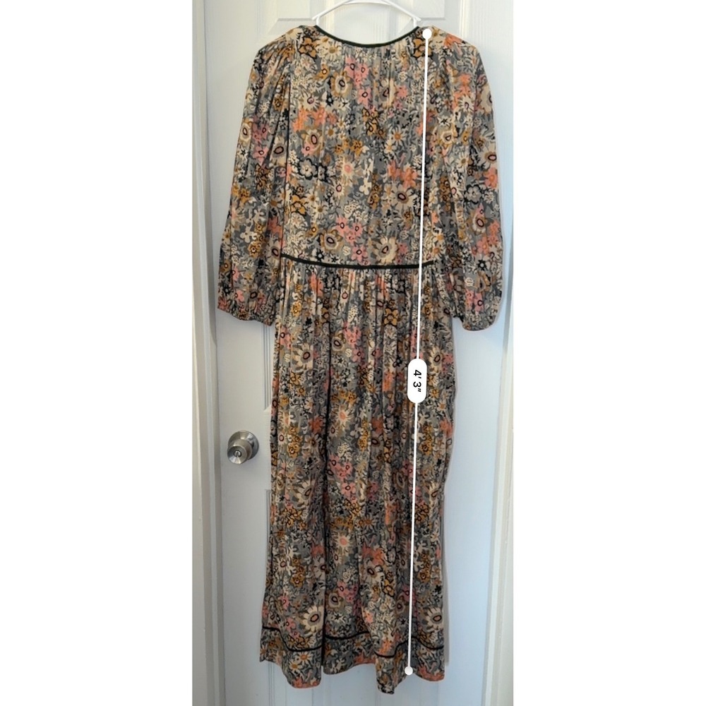 THE GREAT Floral Cotton Tassel Maxi Dress Womens Size 1 Small Boho Pockets Grey - Picture 6 of 7
